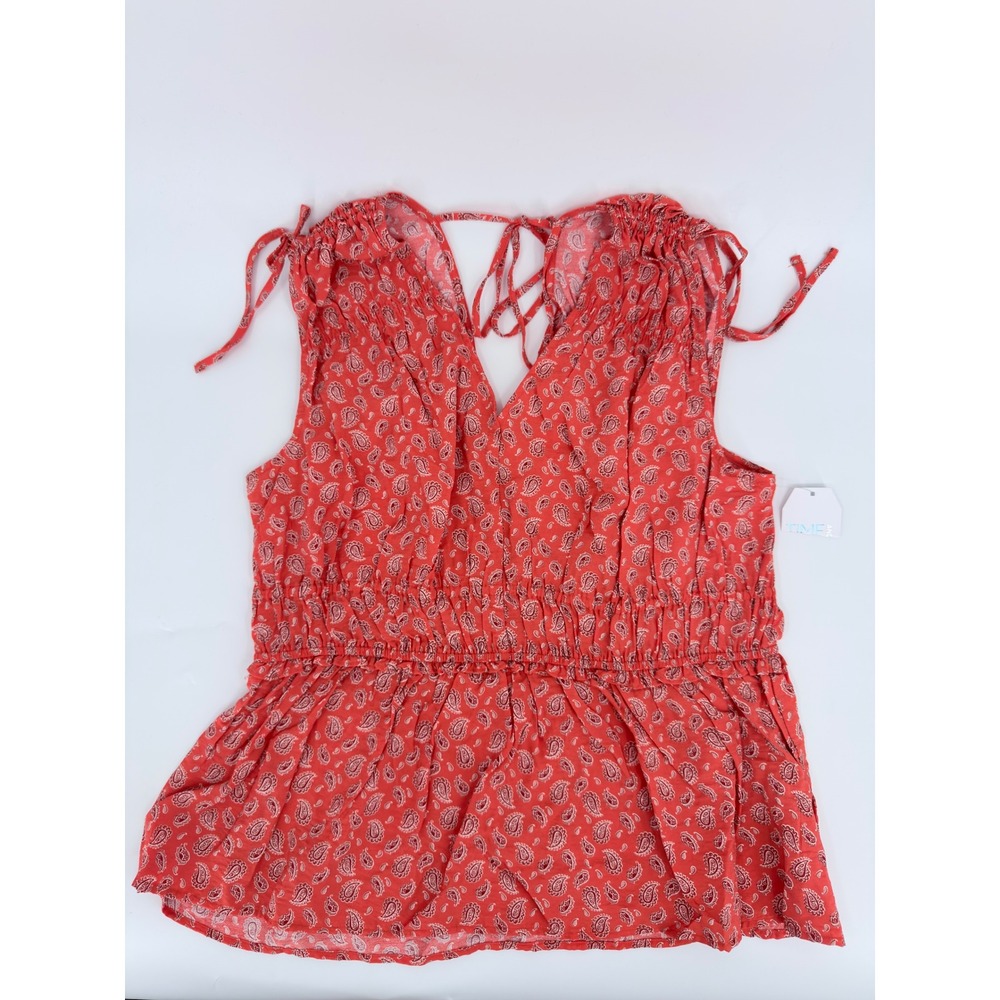 Time and Tru Peplum Top Paisley Modern Women XL Red Sleeveless Tie Shoulder Tank